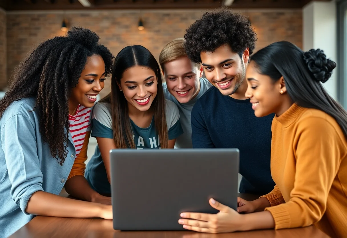 A group of diverse young students collaborating around a laptop with charts on screen