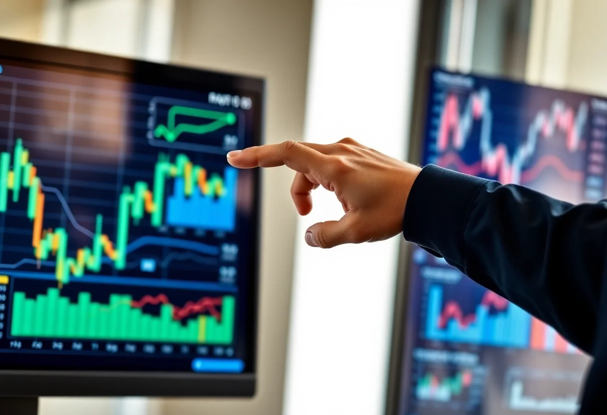 A person pointing at a screen with complex financial charts and graphs