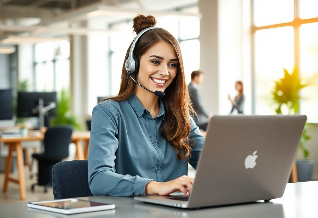 A smiling customer support representative with a headset working on a laptop in a bright office.