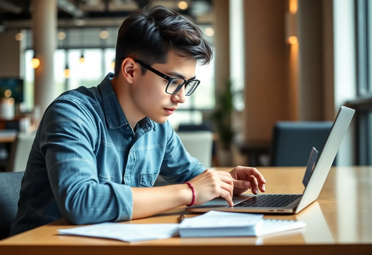 A young person studying cryptocurrency charts on a laptop in a modern setting.