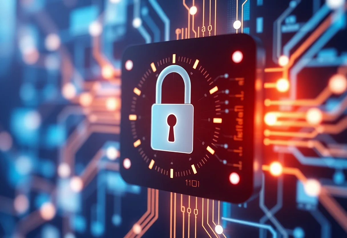 Abstract image of a digital security lock and network connections