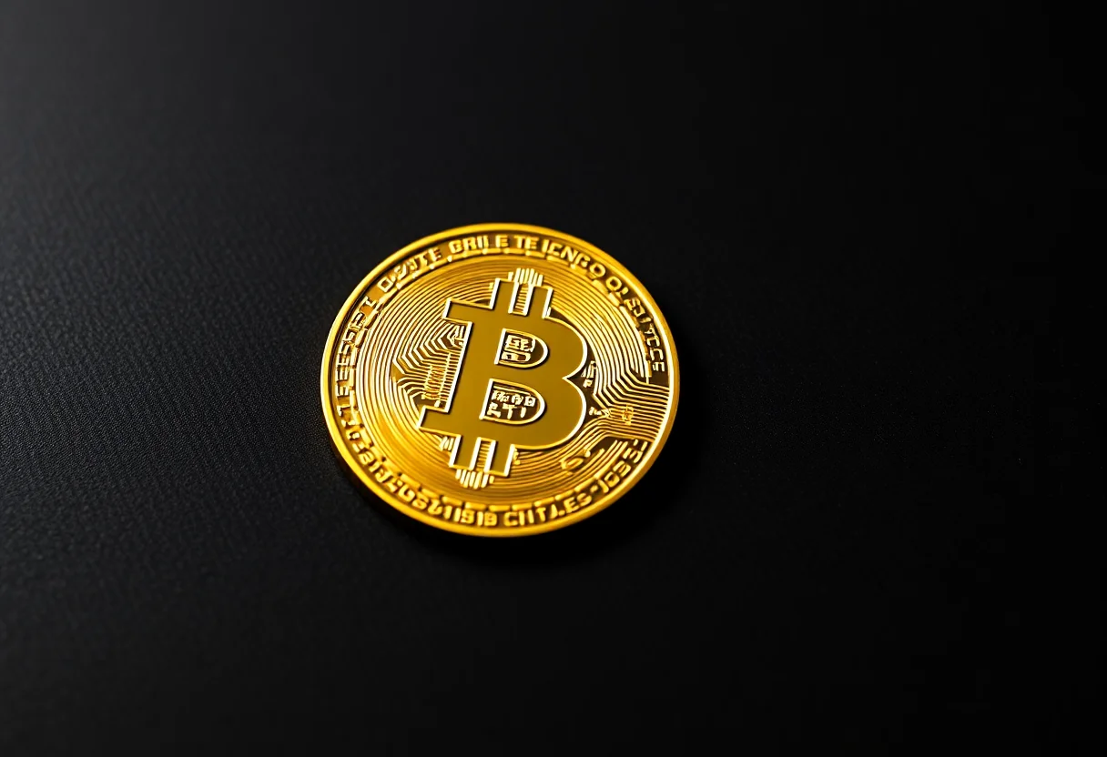 Golden Bitcoin coin on a dark textured background