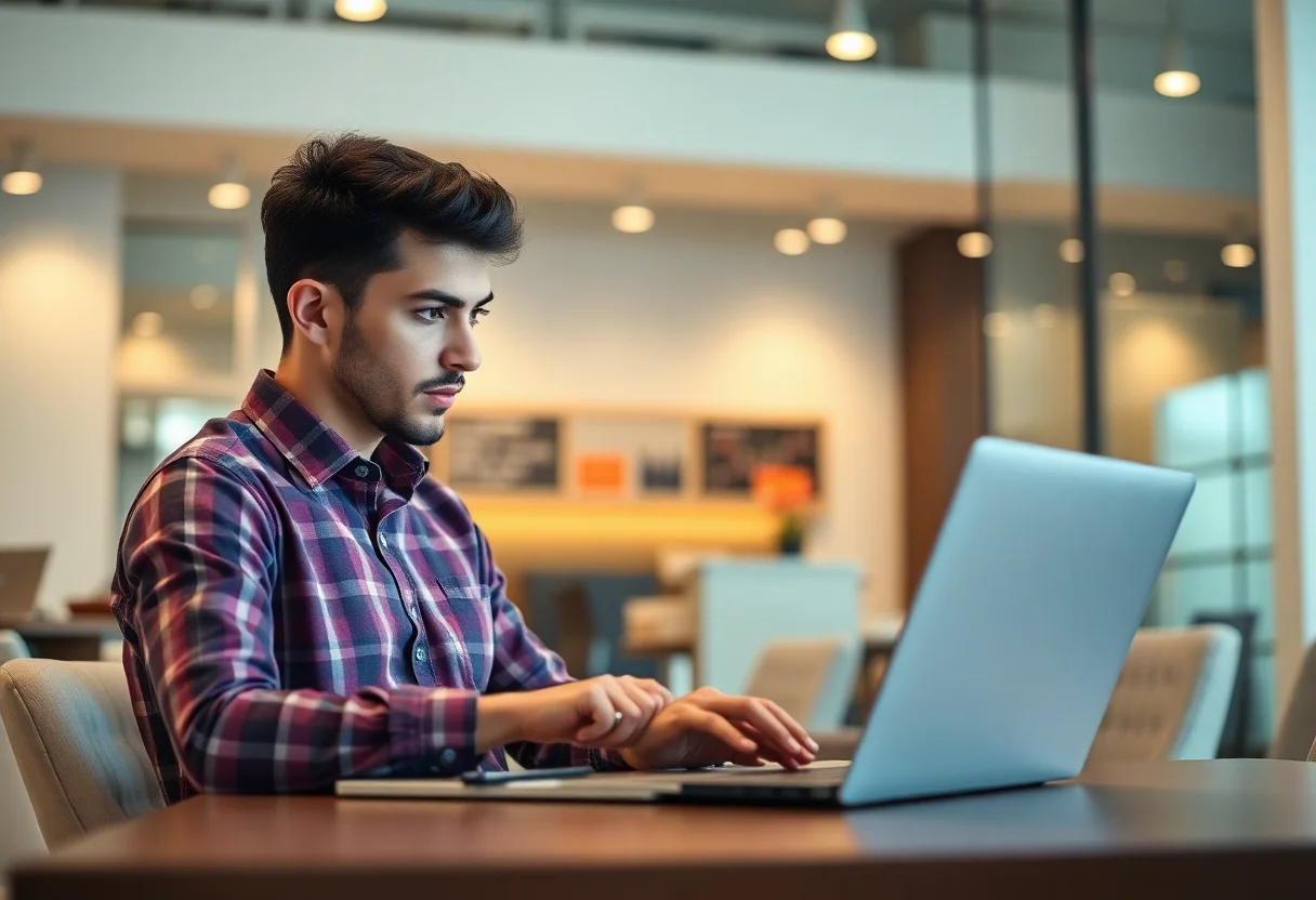 Young person studying financial charts on a laptop in a modern setting